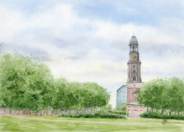 Postkarte DIN-A6 Aquarell Maritim Kunst Druck Kunstdruck Hamburg Hauptkirche St. Michaelis Michel HH4